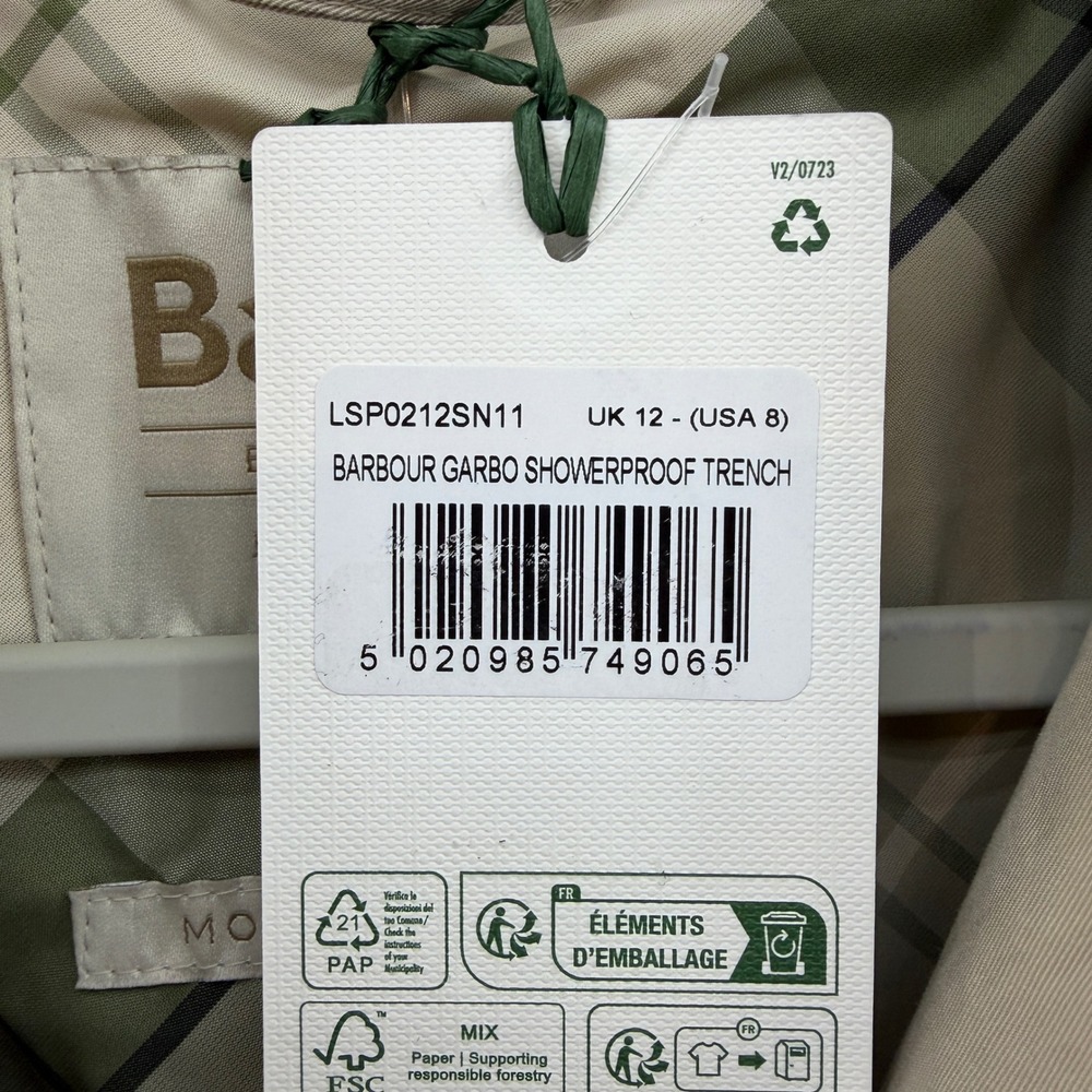 Barbour Garbo Showerproof Trench Coat Womens Size 8 Beige New Long Belted Jacket - Picture 7 of 12